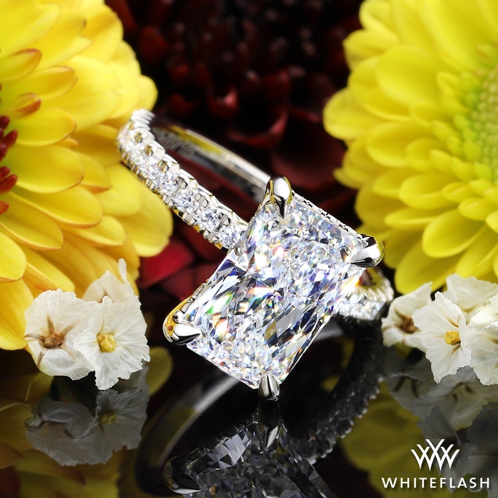 Platinum Custom 3/4 Eternity Fish Tail Pave Lab Created Diamond Engagement Ring setting with Hidden Halo 