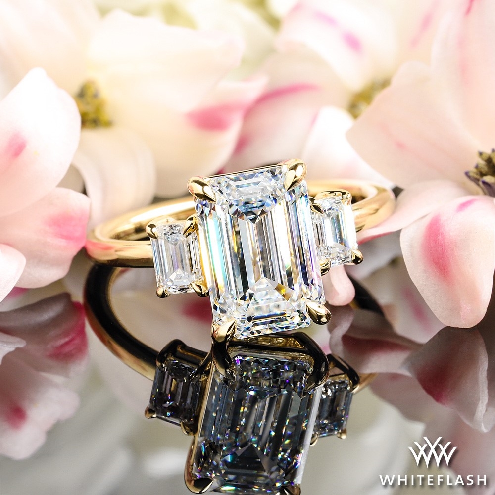 Emerald Cut Diamond set in Custom Three Stone Ring